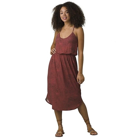 Prana Dresses & Skirts - Prana Amelie Dress Rust Red Tropical Palm Leaf Midi Racerback Sun SMALL
